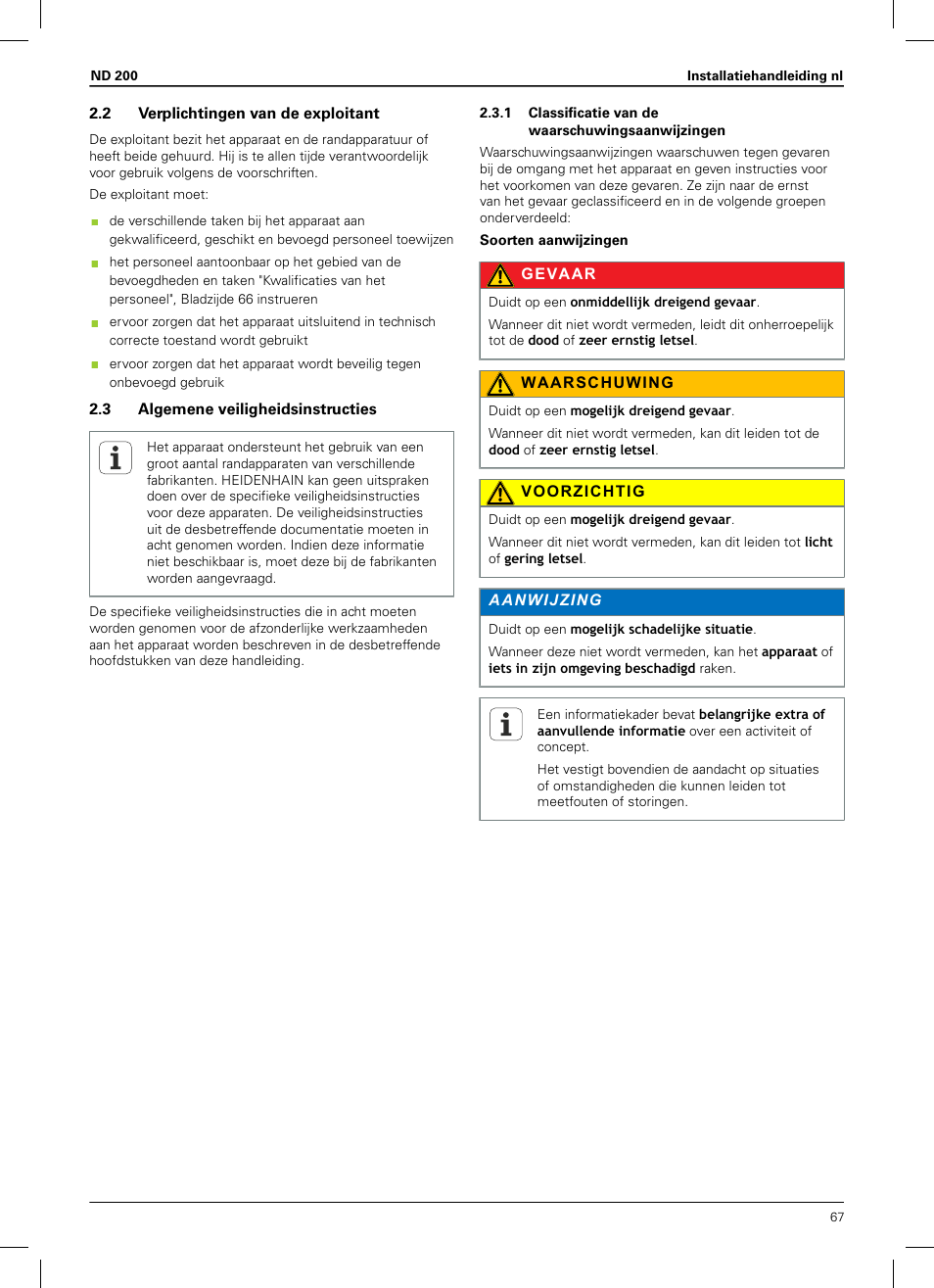 2 verplichtingen van de exploitant, 3 algemene veiligheidsinstructies, 1 classificatie van de waarschuwingsaanwijzingen | HEIDENHAIN ND 200 User Manual | Page 65 / 156