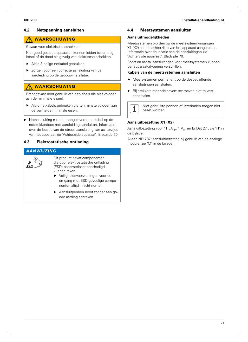 2 netspanning aansluiten, 3 elektrostatische ontlading, 4 meetsystemen aansluiten | HEIDENHAIN ND 200 User Manual | Page 69 / 156