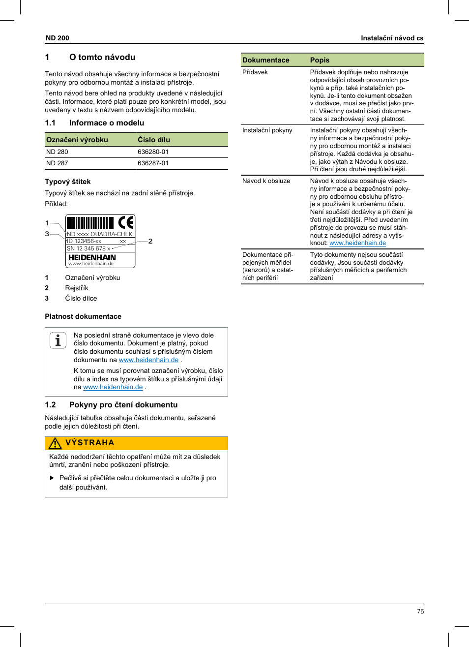 1 o tomto návodu, 1 informace o modelu, 2 pokyny pro čtení dokumentu | Instalační návod, 1o tomto návodu | HEIDENHAIN ND 200 User Manual | Page 73 / 156