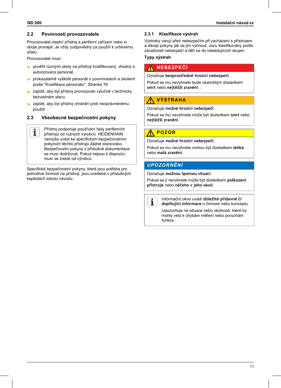 2 povinnosti provozovatele, 3 všeobecné bezpečnostní pokyny, 1 klasifikace výstrah | HEIDENHAIN ND 200 User Manual | Page 75 / 156