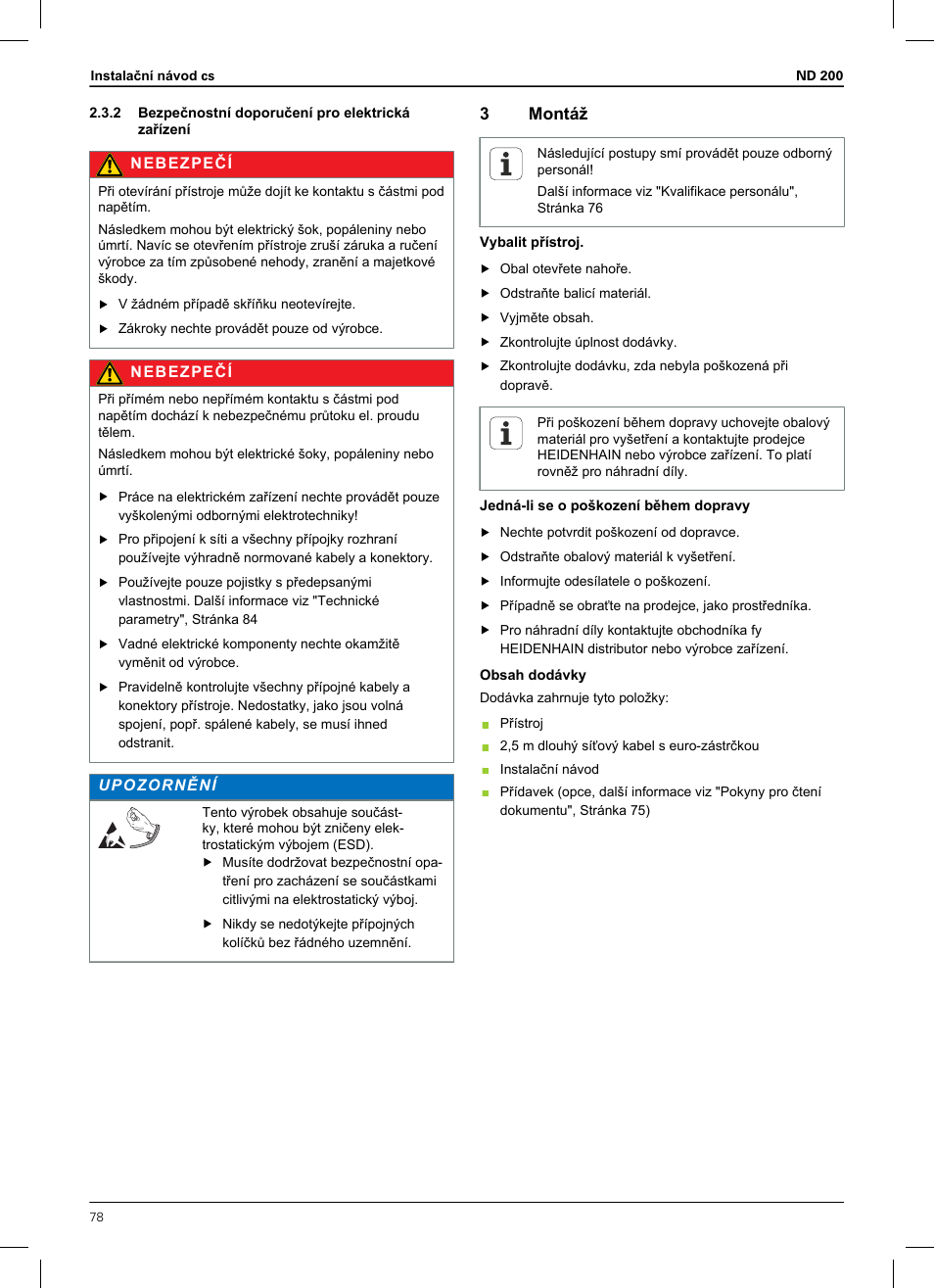 2 bezpečnostní doporučení pro elektrická zařízení, 3 montáž | HEIDENHAIN ND 200 User Manual | Page 76 / 156