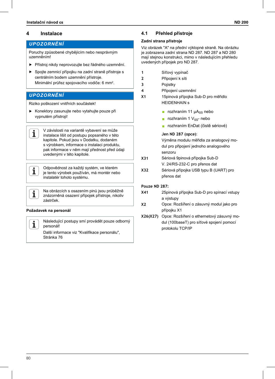 4 instalace, 1 přehled přístroje, 4instalace | HEIDENHAIN ND 200 User Manual | Page 78 / 156