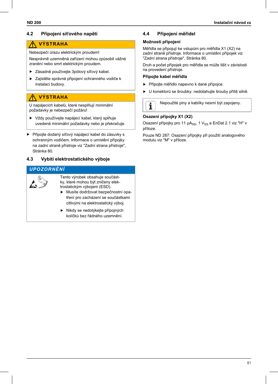 2 připojení síťového napětí, 3 vybití elektrostatického výboje, 4 připojení měřidel | HEIDENHAIN ND 200 User Manual | Page 79 / 156