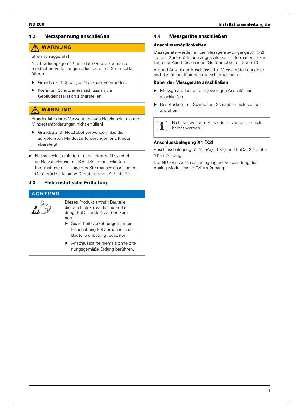 2 netzspannung anschließen, 3 elektrostatische entladung, 4 messgeräte anschließen | HEIDENHAIN ND 200 User Manual | Page 9 / 156