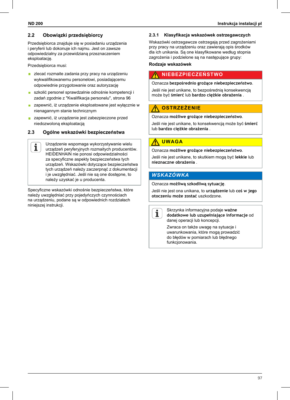 2 obowiązki przedsiębiorcy, 3 ogólne wskazówki bezpieczeństwa, 1 klasyfikacja wskazówek ostrzegawczych | HEIDENHAIN ND 200 User Manual | Page 95 / 156