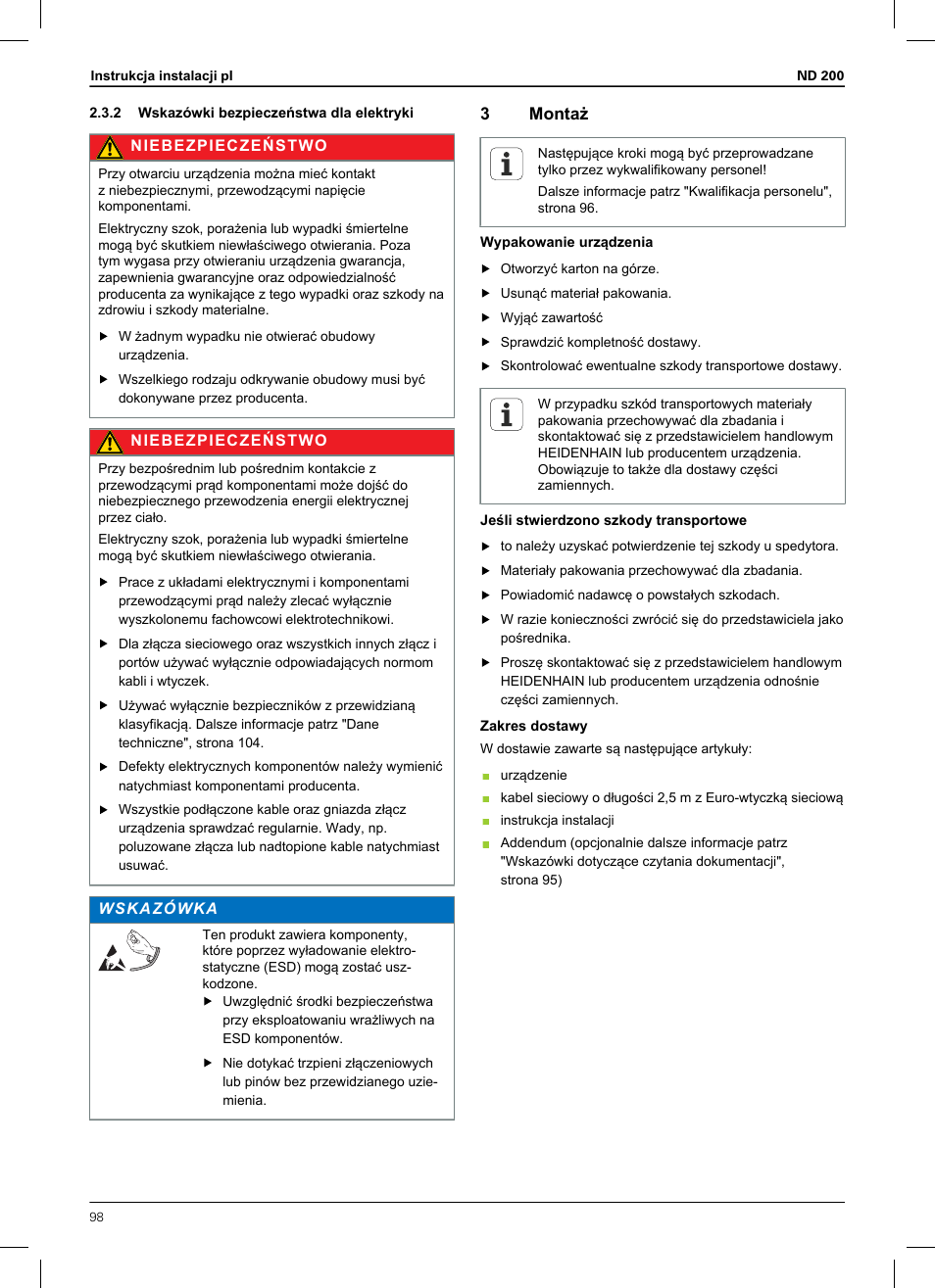 2 wskazówki bezpieczeństwa dla elektryki, 3 montaż, 3montaż | HEIDENHAIN ND 200 User Manual | Page 96 / 156