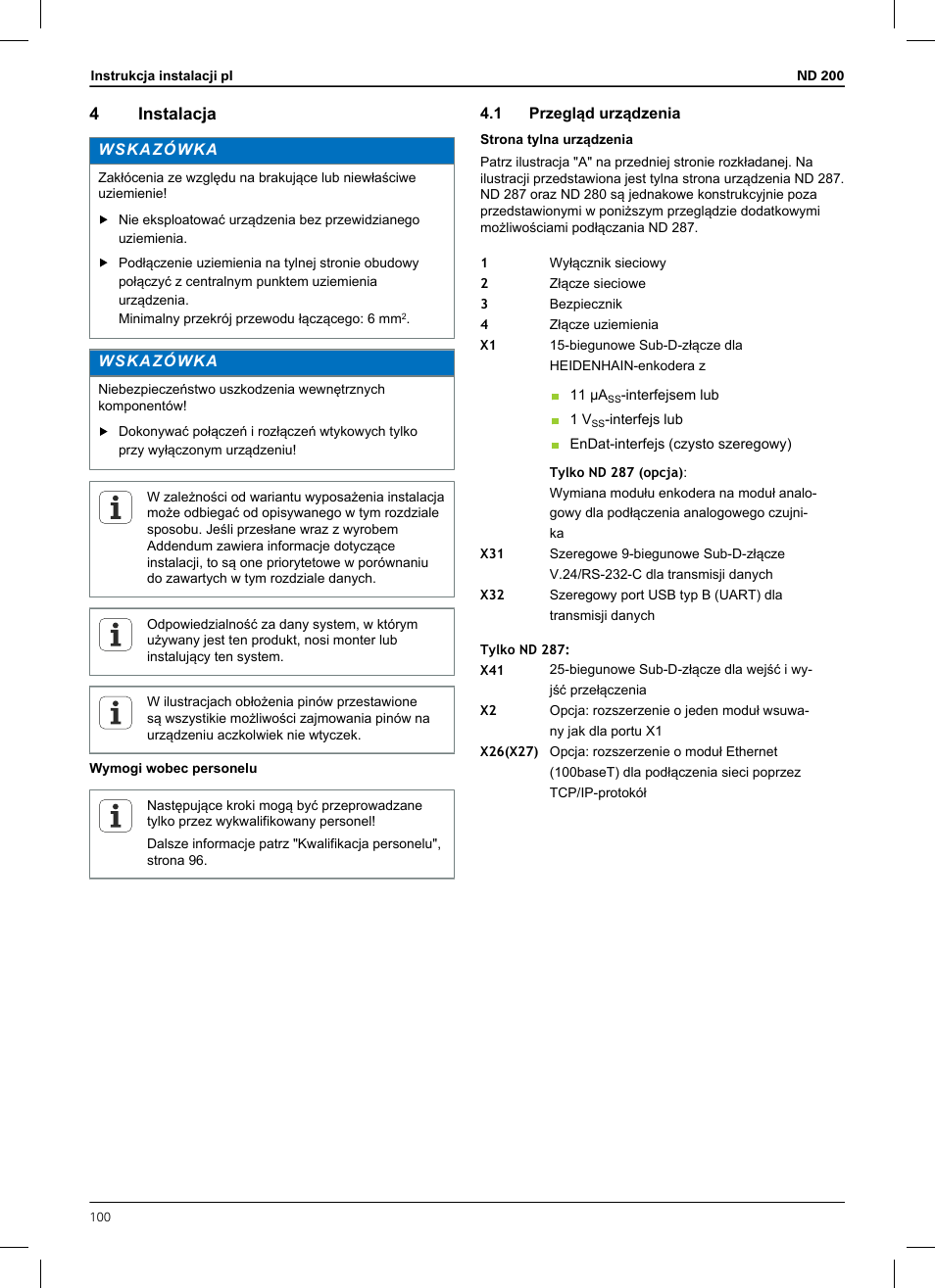 4 instalacja, 1 przegląd urządzenia, 4instalacja | HEIDENHAIN ND 200 User Manual | Page 98 / 156