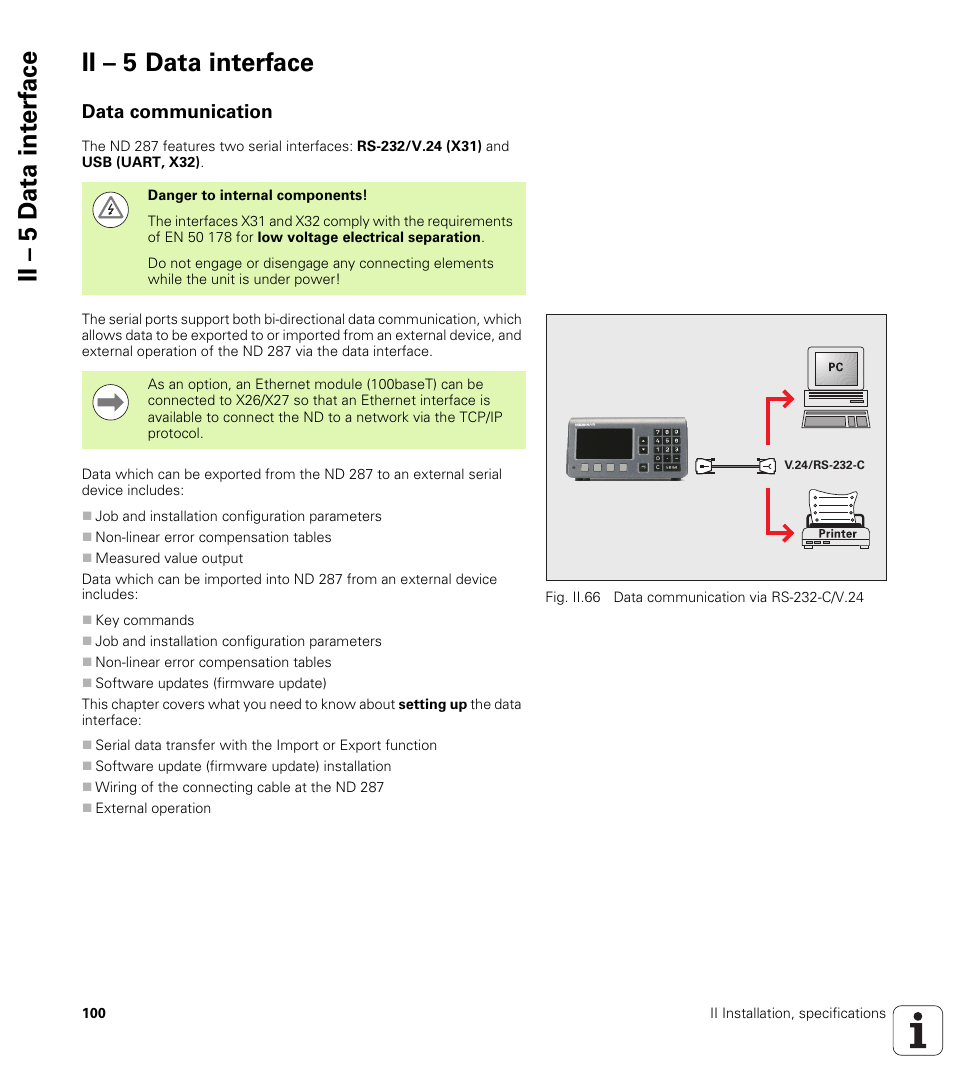 Ii – 5 data interface, Data communication, Ii – 5 d a ta int e rf ace ii – 5 data interface | HEIDENHAIN ND 287 User Manual User Manual | Page 100 / 147