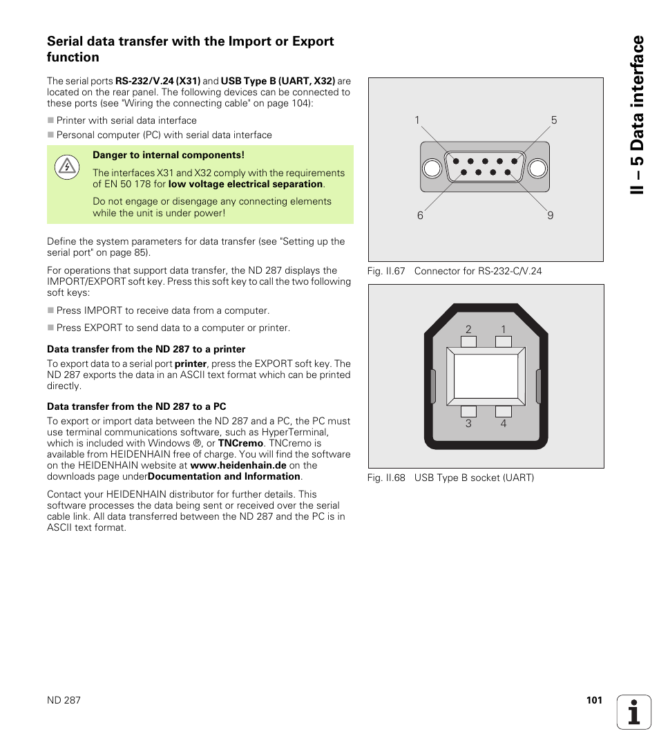Data transfer from the nd 287 to a printer, Data transfer from the nd 287 to a pc, See "serial data transfer with | Ii – 5 d ata int e rf ace | HEIDENHAIN ND 287 User Manual User Manual | Page 101 / 147