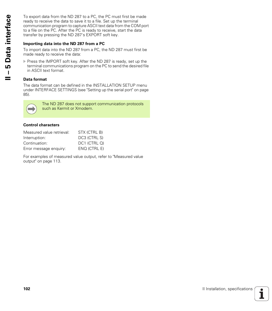 Importing data into the nd 287 from a pc, Data format, Control characters | Ii – 5 d a ta int e rf ace | HEIDENHAIN ND 287 User Manual User Manual | Page 102 / 147