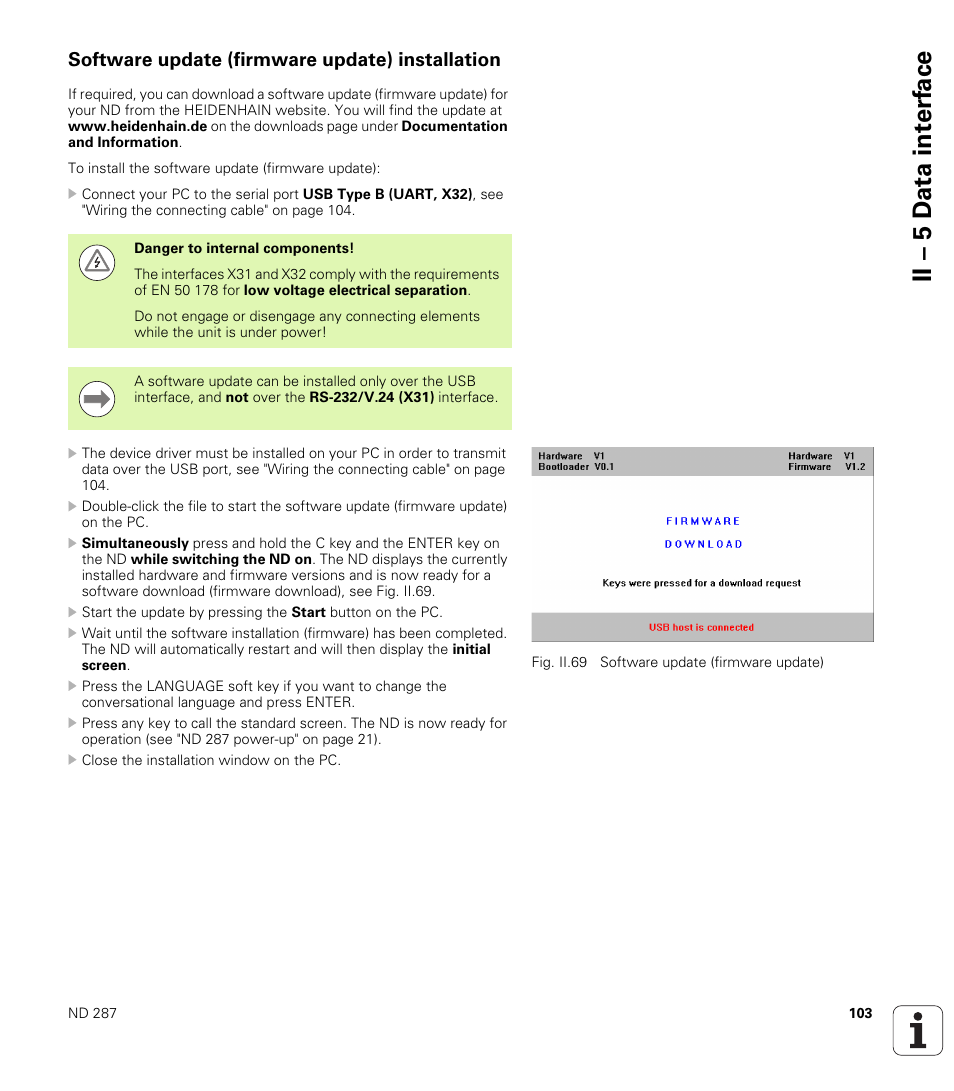 Software update (firmware update) installation, Ion), see, Version, see "software update (firmware update) | Ii – 5 d ata int e rf ace | HEIDENHAIN ND 287 User Manual User Manual | Page 103 / 147