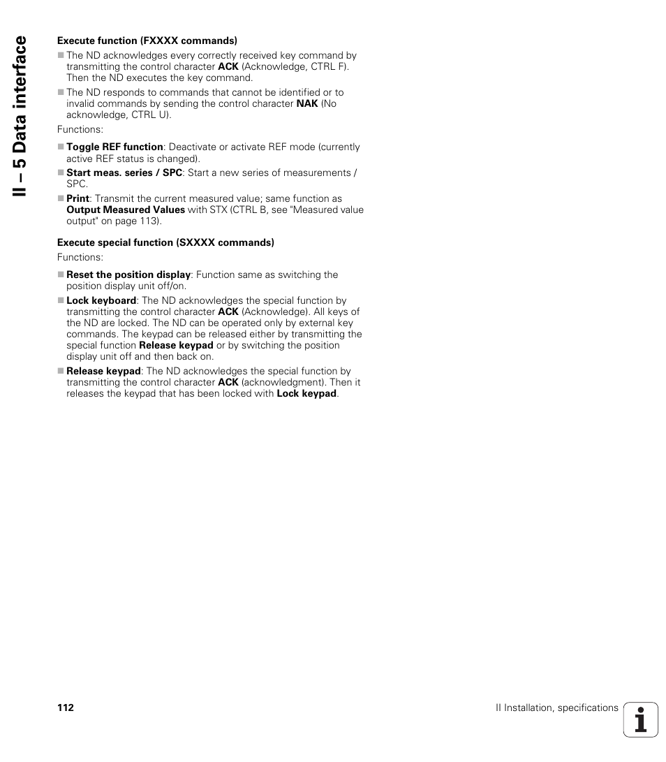 Execute function (fxxxx commands), Execute special function (sxxxx commands), Ii – 5 d a ta int e rf ace | HEIDENHAIN ND 287 User Manual User Manual | Page 112 / 147