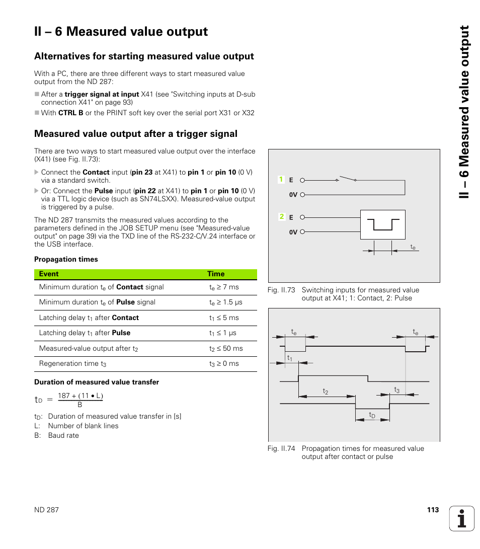 Ii – 6 measured value output, Alternatives for starting measured value output, Measured value output after a trigger signal | Propagation times, Duration of measured value transfer, Measured value output after a, Measured value | HEIDENHAIN ND 287 User Manual User Manual | Page 113 / 147