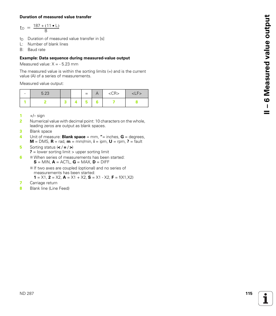 Duration of measured value transfer, Ii – 6 measur ed v alue output | HEIDENHAIN ND 287 User Manual User Manual | Page 115 / 147