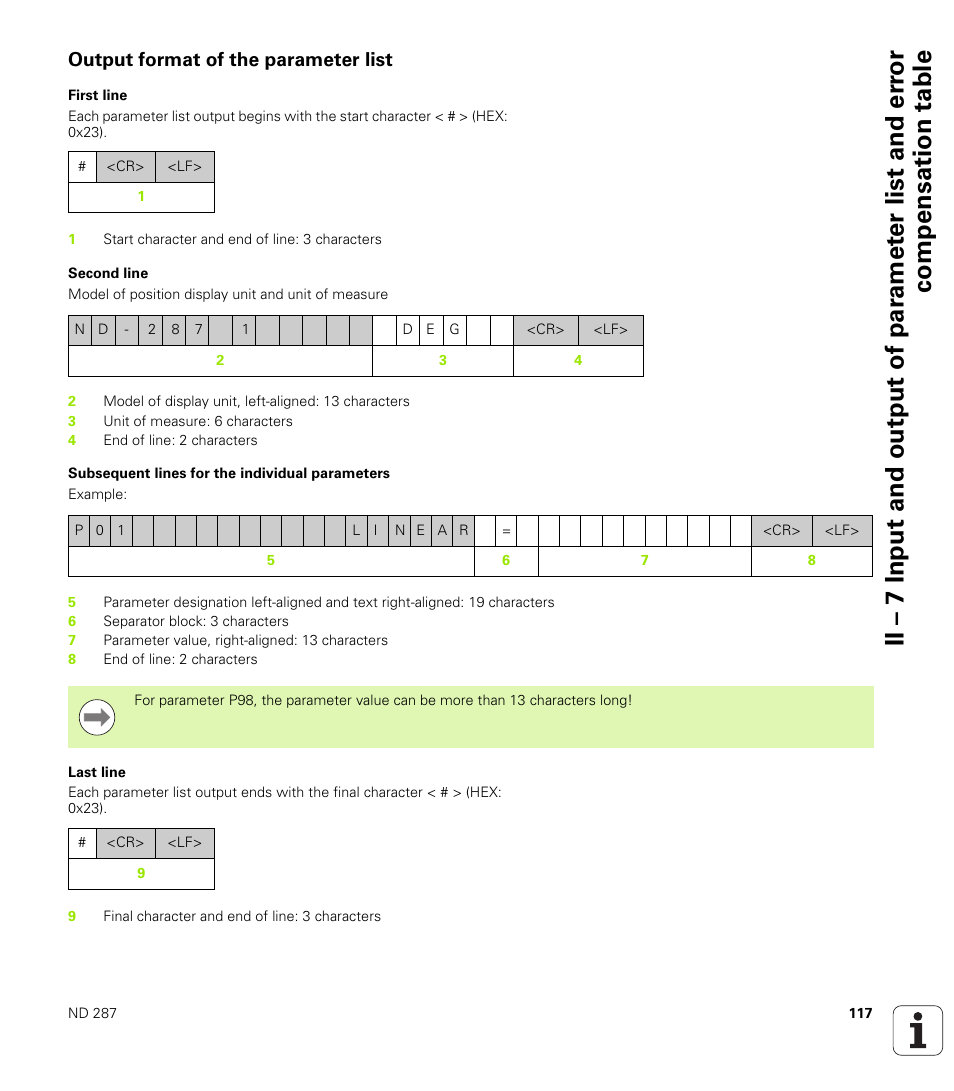 Output format of the parameter list, First line, Second line | Subsequent lines for the individual parameters, Last line | HEIDENHAIN ND 287 User Manual User Manual | Page 117 / 147