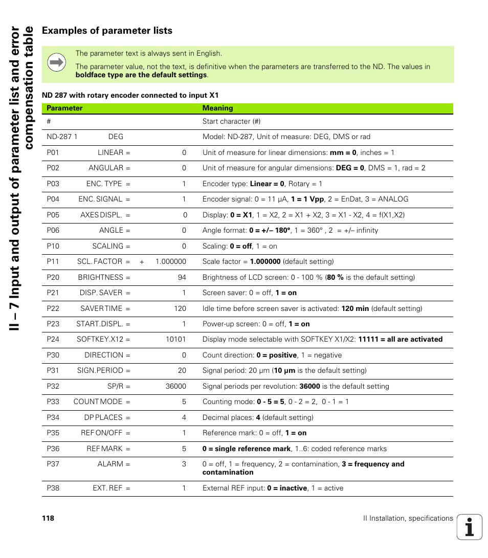 Examples of parameter lists, Nd 287 with rotary encoder connected to input x1 | HEIDENHAIN ND 287 User Manual User Manual | Page 118 / 147