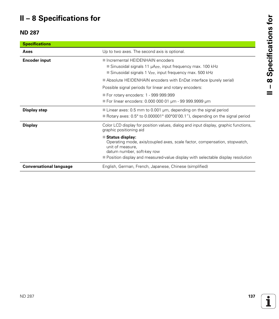 Ii – 8 specifications for, Nd 287 | HEIDENHAIN ND 287 User Manual User Manual | Page 137 / 147