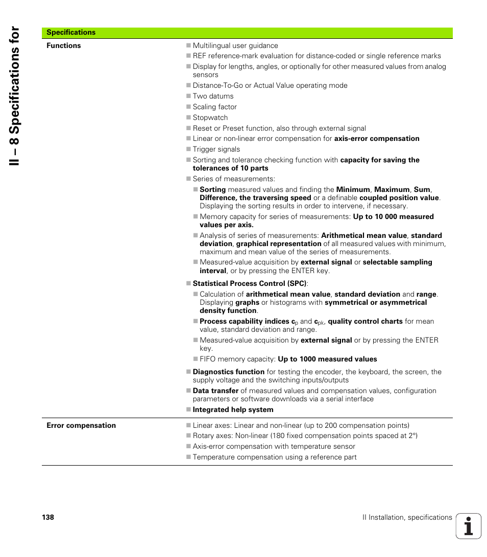Ii – 8 specifications f o r | HEIDENHAIN ND 287 User Manual User Manual | Page 138 / 147