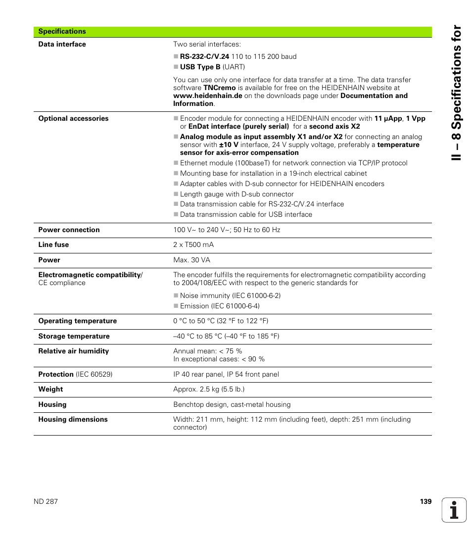 Ii – 8 specifications f o r | HEIDENHAIN ND 287 User Manual User Manual | Page 139 / 147
