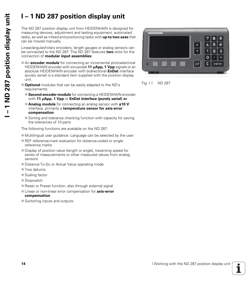I – 1 nd 287 position display unit | HEIDENHAIN ND 287 User Manual User Manual | Page 14 / 147