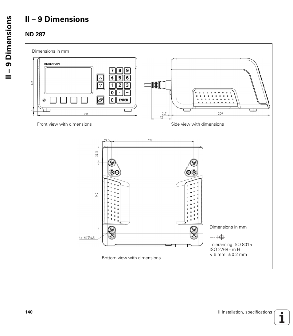 Ii – 9 dimensions, Nd 287 | HEIDENHAIN ND 287 User Manual User Manual | Page 140 / 147