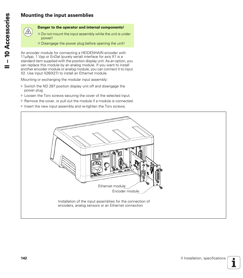 Mounting the input assemblies, Ii – 1 0 a c cessor ies | HEIDENHAIN ND 287 User Manual User Manual | Page 142 / 147