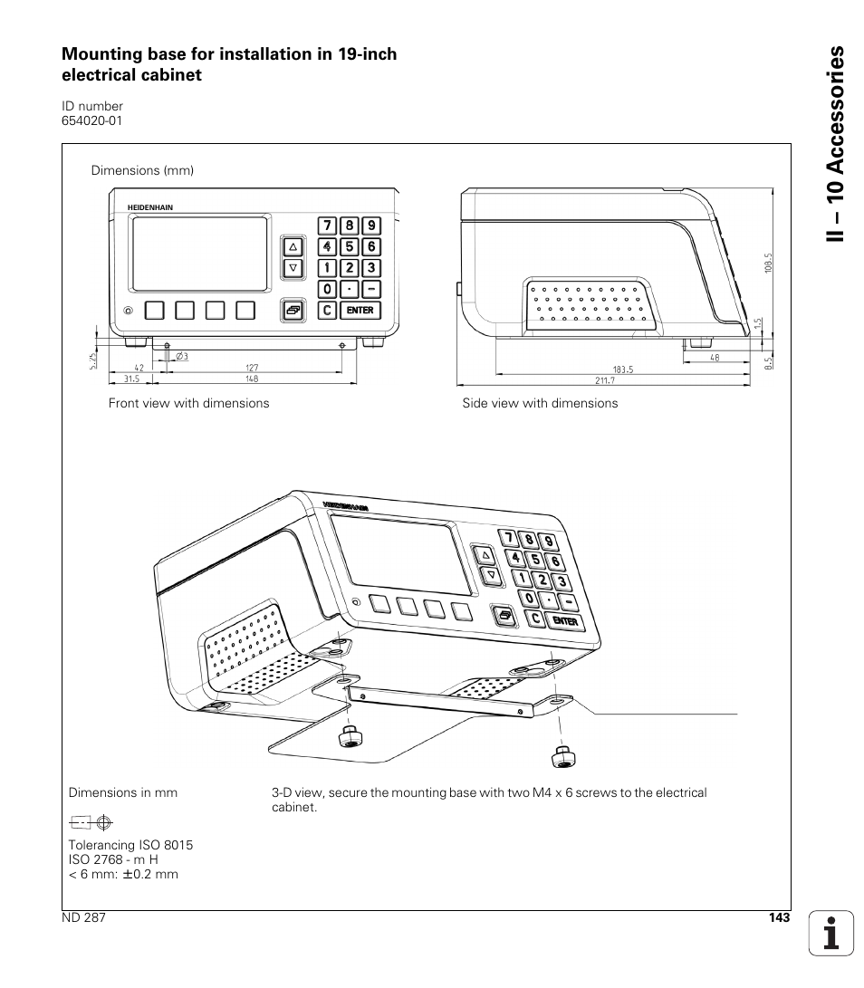 See "mounting base, Ii – 1 0 a c cessor ies | HEIDENHAIN ND 287 User Manual User Manual | Page 143 / 147