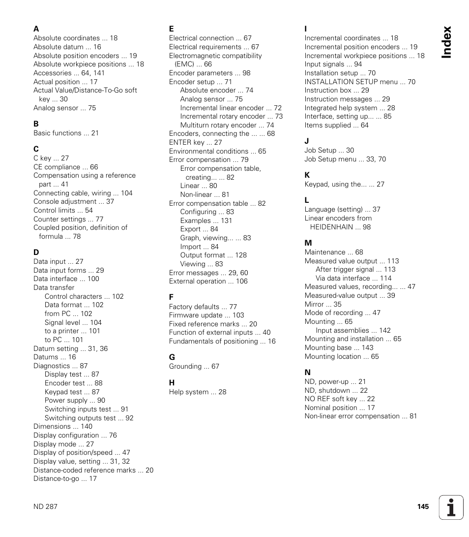 Index | HEIDENHAIN ND 287 User Manual User Manual | Page 145 / 147