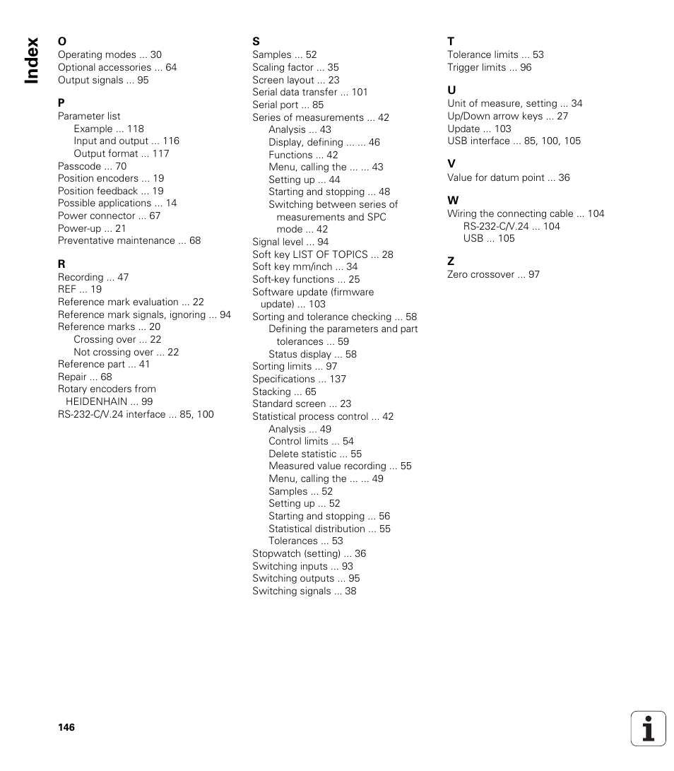 Index | HEIDENHAIN ND 287 User Manual User Manual | Page 146 / 147