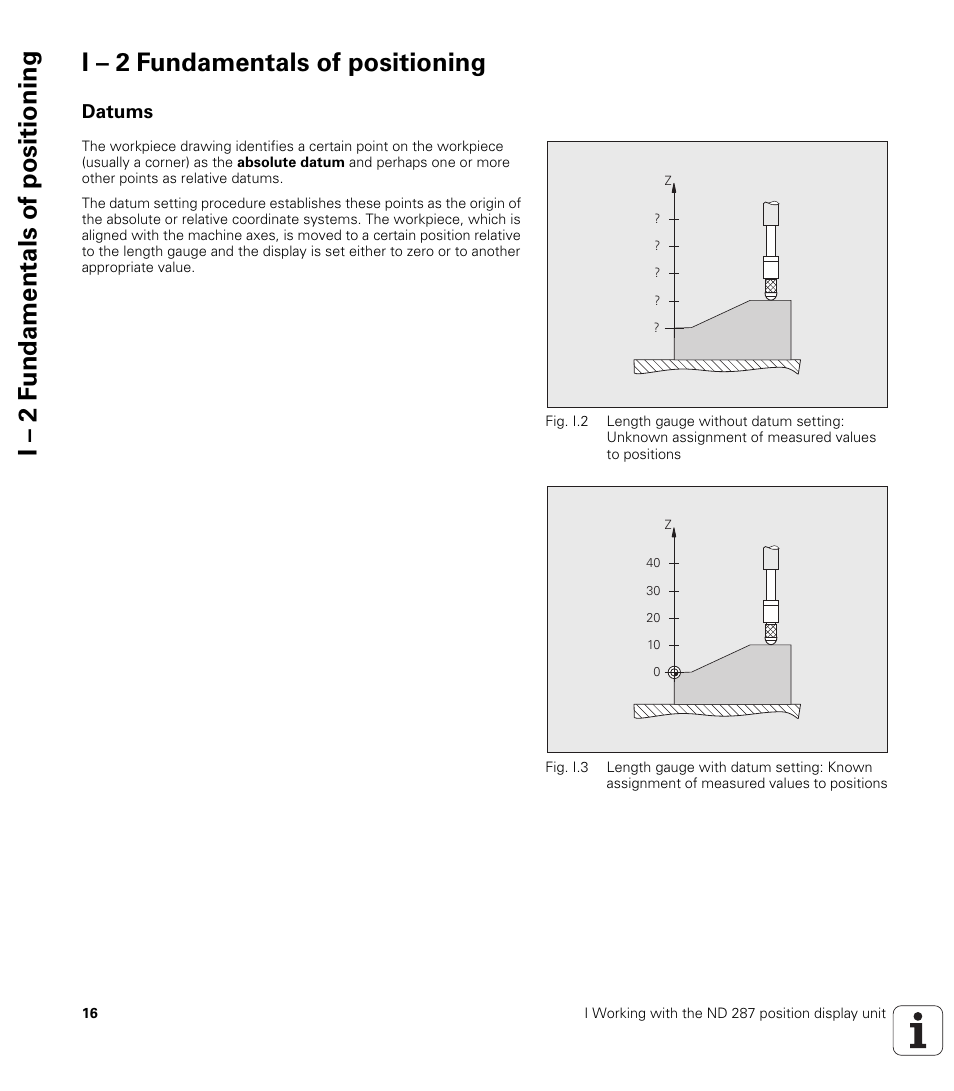 I – 2 fundamentals of positioning, Datums | HEIDENHAIN ND 287 User Manual User Manual | Page 16 / 147