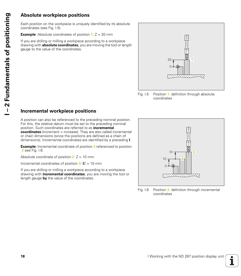 Absolute workpiece positions, Incremental workpiece positions, I – 2 f undamentals of positioning | HEIDENHAIN ND 287 User Manual User Manual | Page 18 / 147