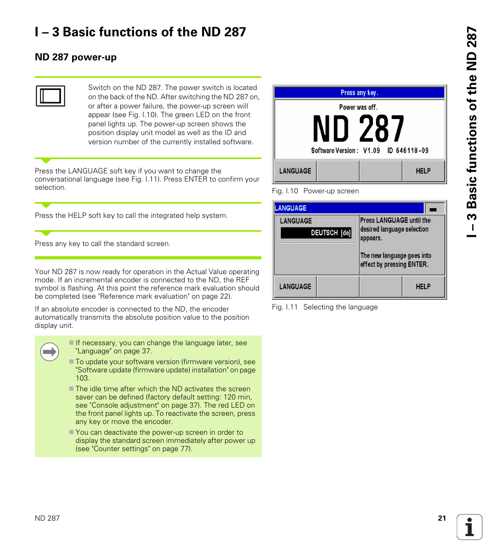 I – 3 basic functions of the nd 287, Nd 287 power-up | HEIDENHAIN ND 287 User Manual User Manual | Page 21 / 147