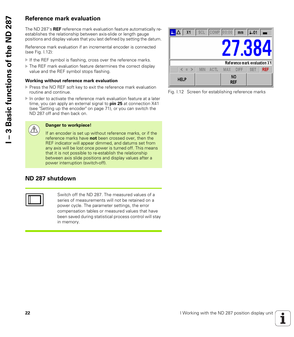 Reference mark evaluation, Working without reference mark evaluation, Nd 287 shutdown | I – 3 basic functions of the n d 2 87 | HEIDENHAIN ND 287 User Manual User Manual | Page 22 / 147