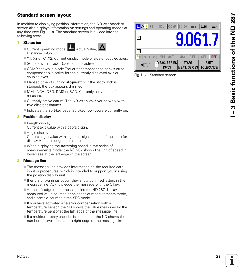 Standard screen layout, I – 3 basic functions of the n d 2 87 | HEIDENHAIN ND 287 User Manual User Manual | Page 23 / 147