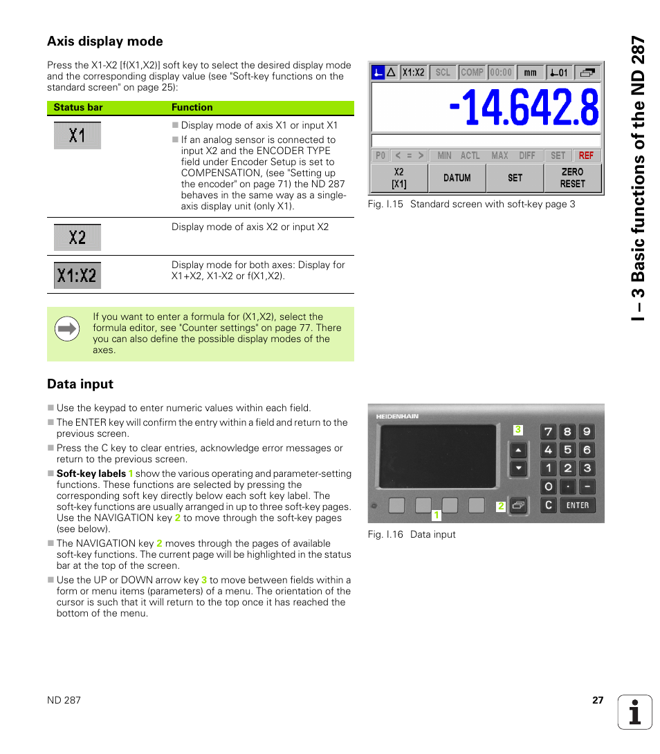 Axis display mode, Data input, Axis display mode data input | I – 3 basic functions of the n d 2 87 | HEIDENHAIN ND 287 User Manual User Manual | Page 27 / 147