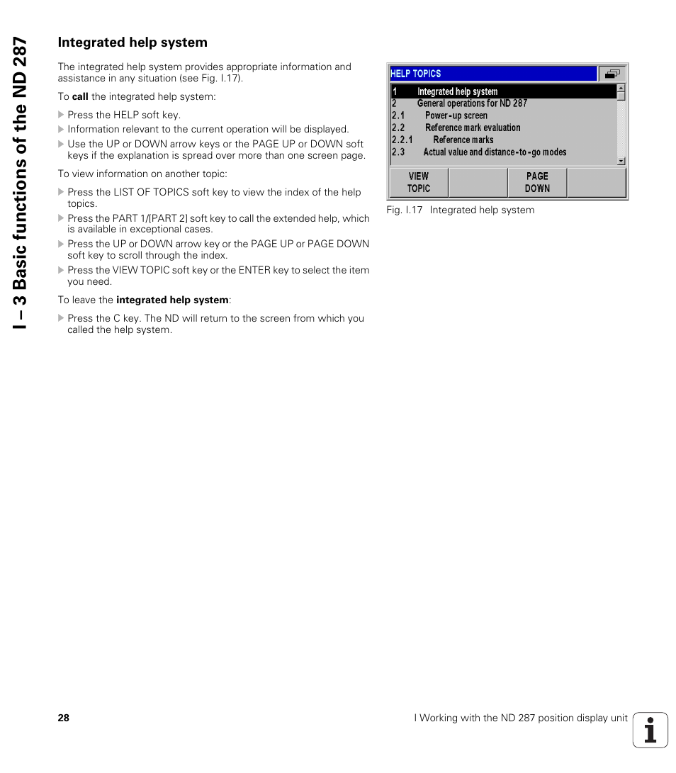 Integrated help system, I – 3 basic functions of the n d 2 87 | HEIDENHAIN ND 287 User Manual User Manual | Page 28 / 147