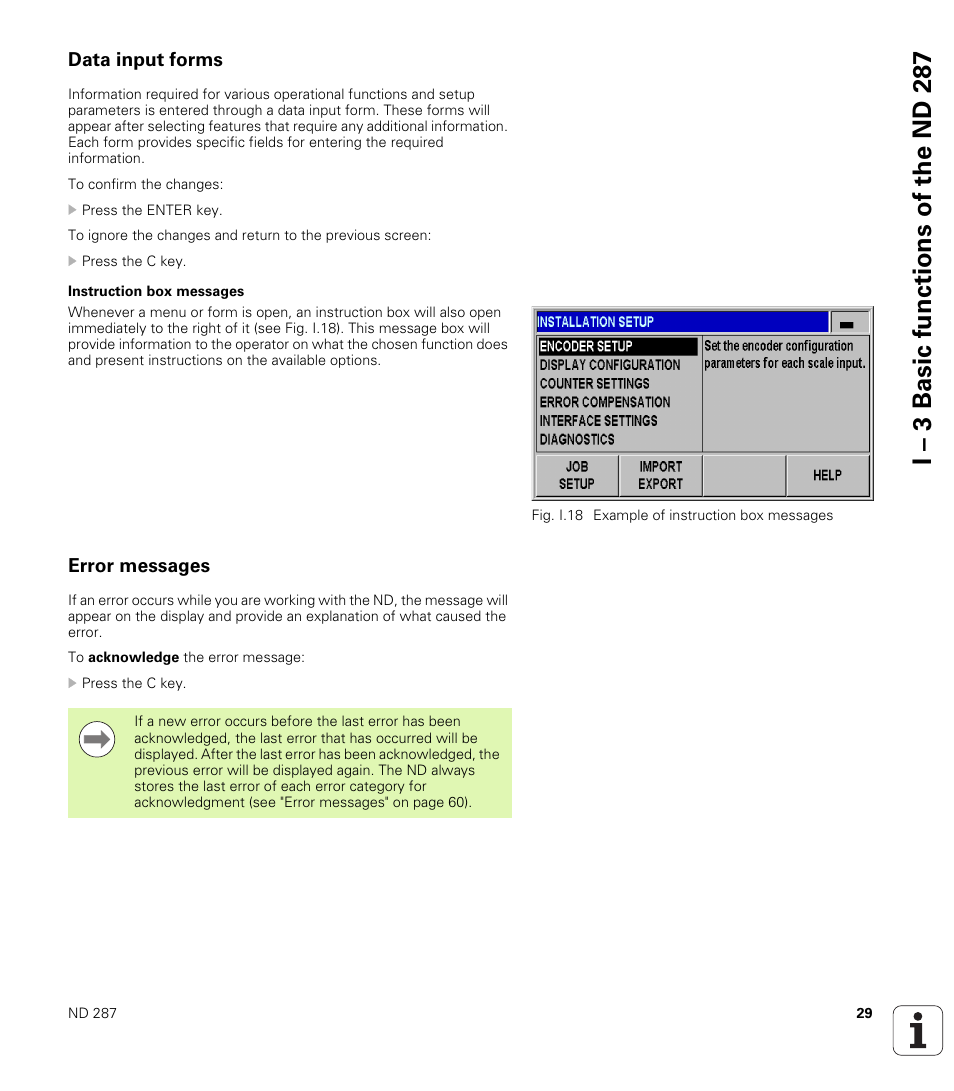Data input forms, Instruction box messages, Error messages | I – 3 basic functions of the n d 2 87 | HEIDENHAIN ND 287 User Manual User Manual | Page 29 / 147