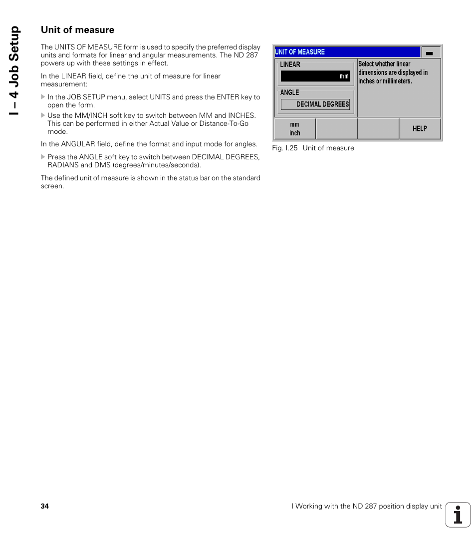 Unit of measure, I – 4 j o b set u p | HEIDENHAIN ND 287 User Manual User Manual | Page 34 / 147