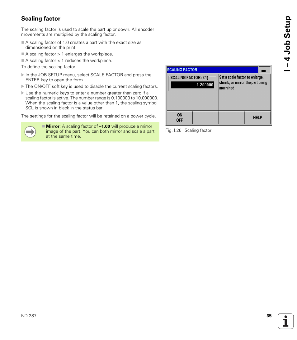 Scaling factor, I – 4 j ob set up | HEIDENHAIN ND 287 User Manual User Manual | Page 35 / 147