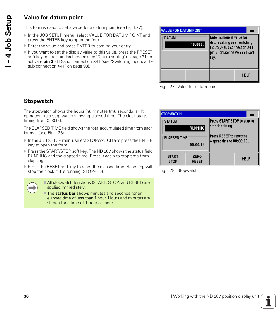 Value for datum point, Stopwatch, Value for datum point stopwatch | I – 4 j o b set u p | HEIDENHAIN ND 287 User Manual User Manual | Page 36 / 147
