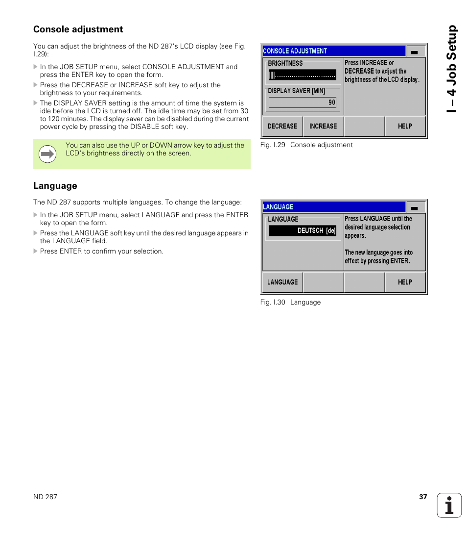 Console adjustment, Language, Console adjustment language | Later, see, I – 4 j ob set up | HEIDENHAIN ND 287 User Manual User Manual | Page 37 / 147