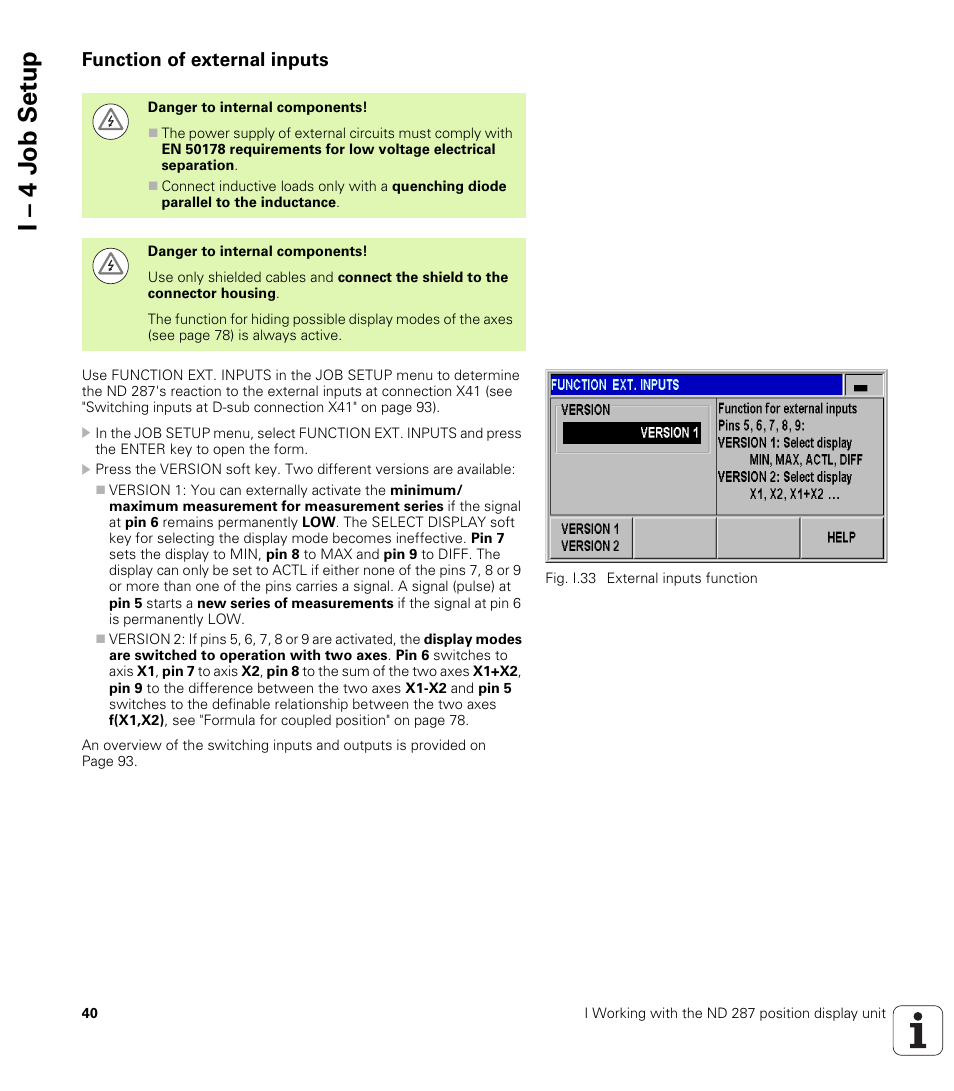 Function of external inputs, I – 4 j o b set u p | HEIDENHAIN ND 287 User Manual User Manual | Page 40 / 147