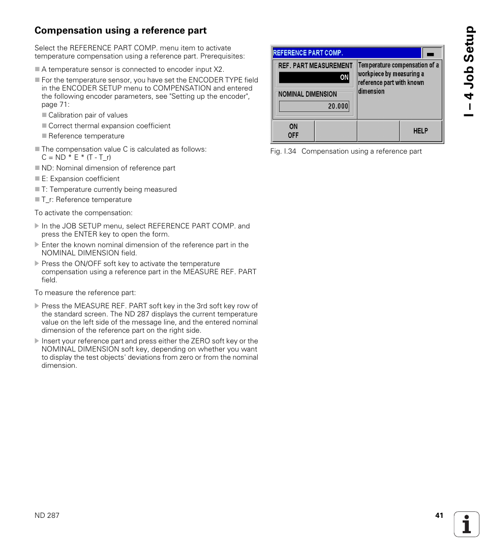 Compensation using a reference part, I – 4 j ob set up | HEIDENHAIN ND 287 User Manual User Manual | Page 41 / 147
