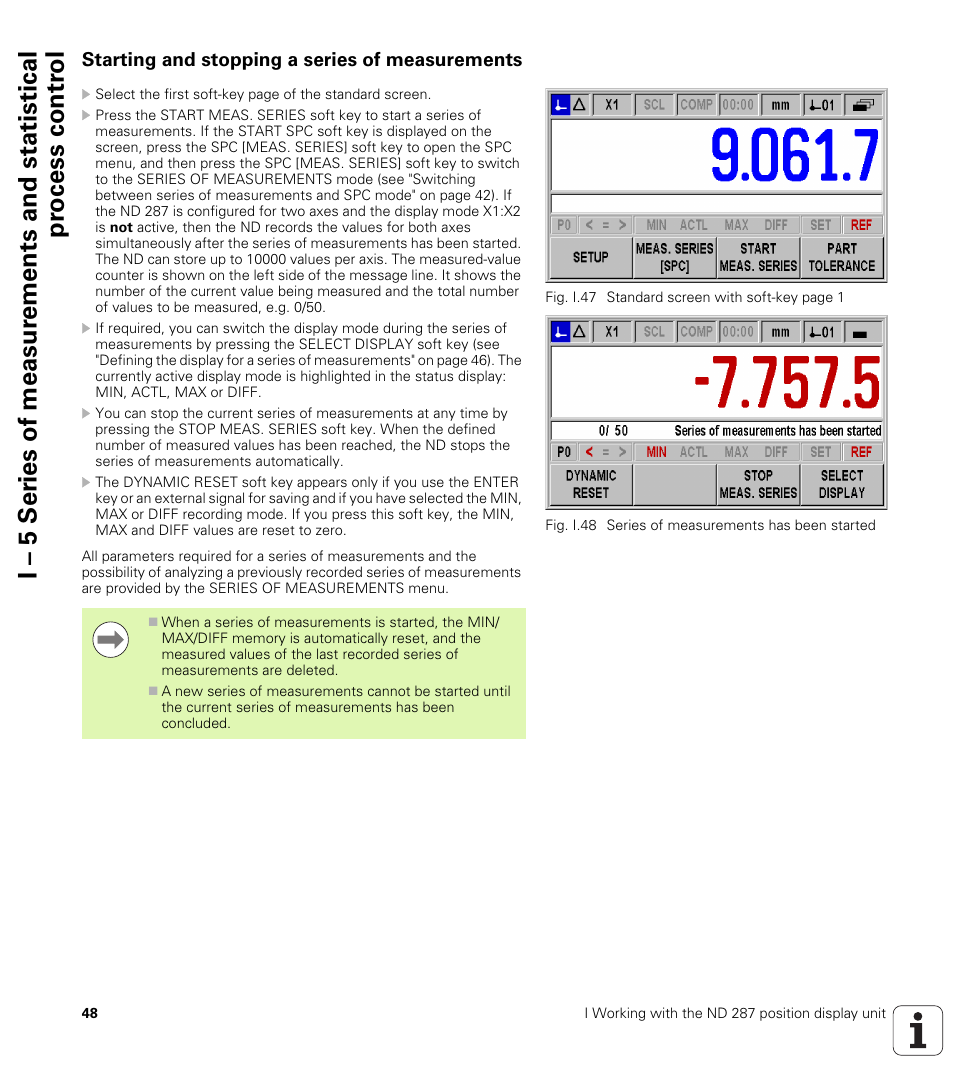 Starting and stopping a series of measurements | HEIDENHAIN ND 287 User Manual User Manual | Page 48 / 147