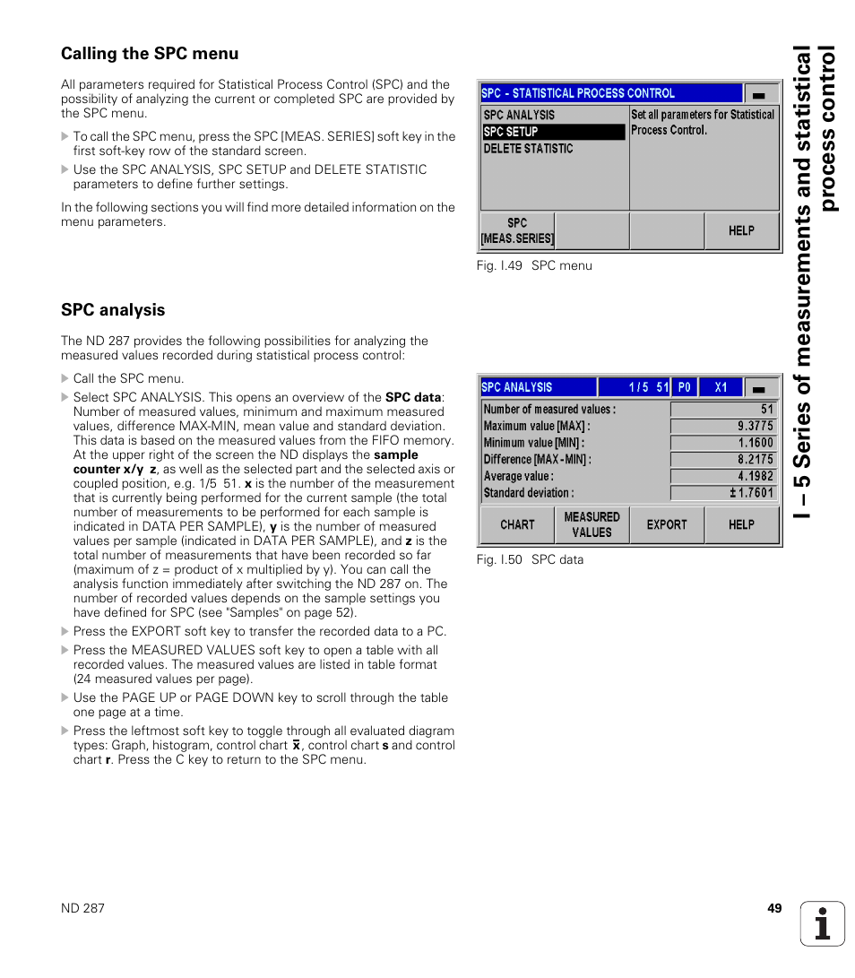 Calling the spc menu, Spc analysis, Calling the spc menu spc analysis | HEIDENHAIN ND 287 User Manual User Manual | Page 49 / 147