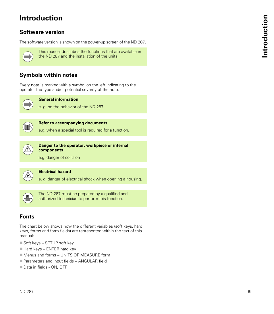 Introduction, Software version, Symbols within notes | Fonts, Intr oduction introduction | HEIDENHAIN ND 287 User Manual User Manual | Page 5 / 147