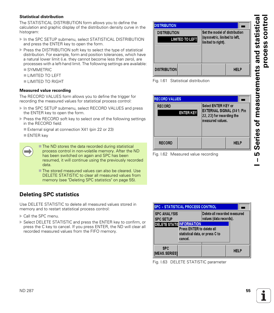Statistical distribution, Measured value recording, Deleting spc statistics | Statistical distribution measured value recording, Screen | HEIDENHAIN ND 287 User Manual User Manual | Page 55 / 147