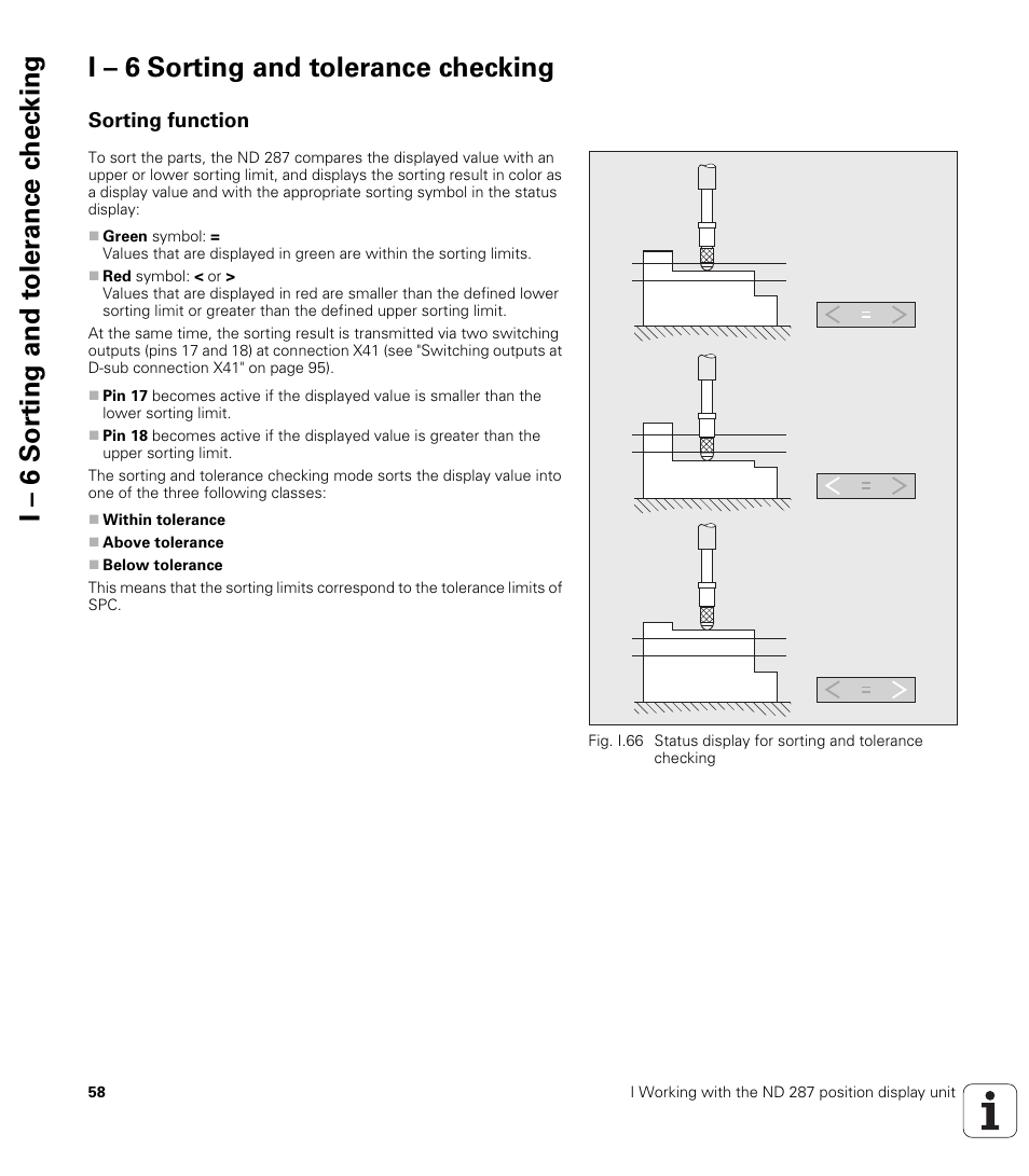 I – 6 sorting and tolerance checking, Sorting function | HEIDENHAIN ND 287 User Manual User Manual | Page 58 / 147