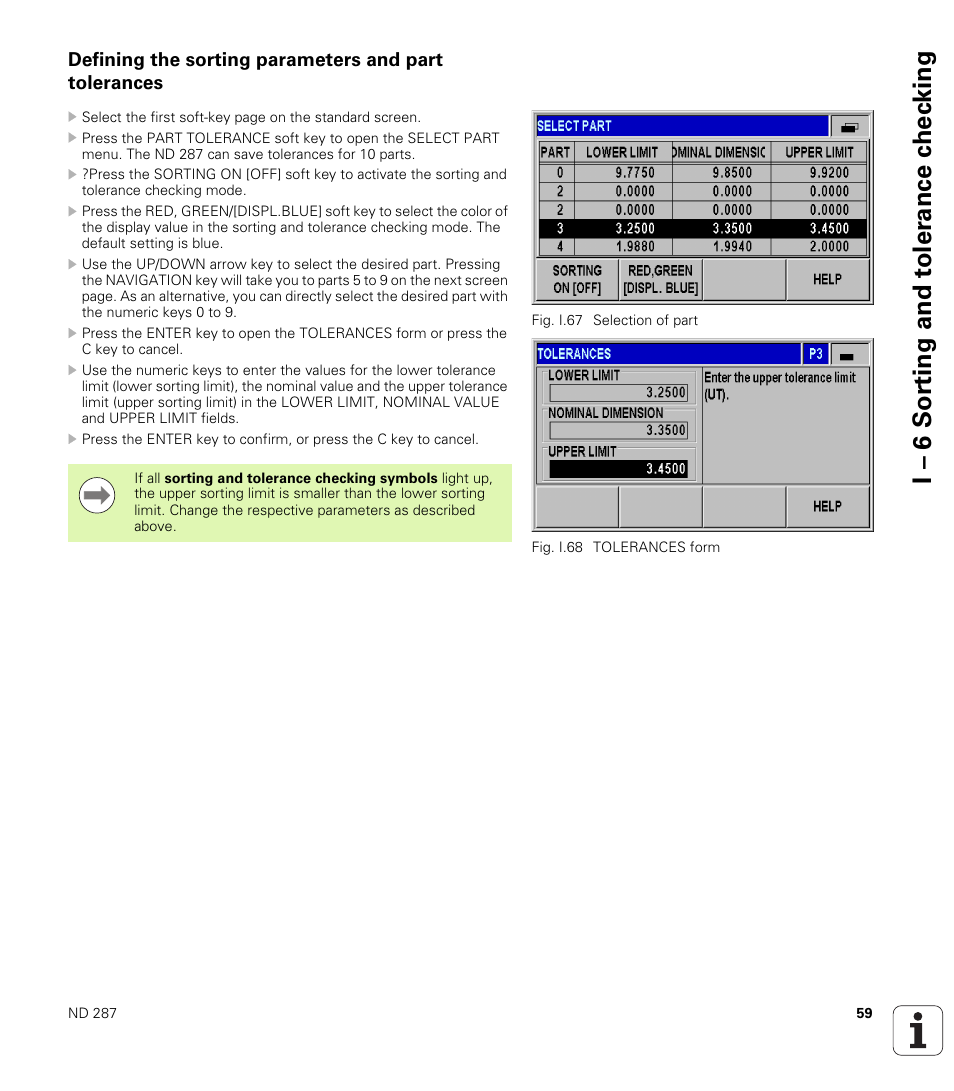 I – 6 sor ting and t o ler a nce c h ec king | HEIDENHAIN ND 287 User Manual User Manual | Page 59 / 147