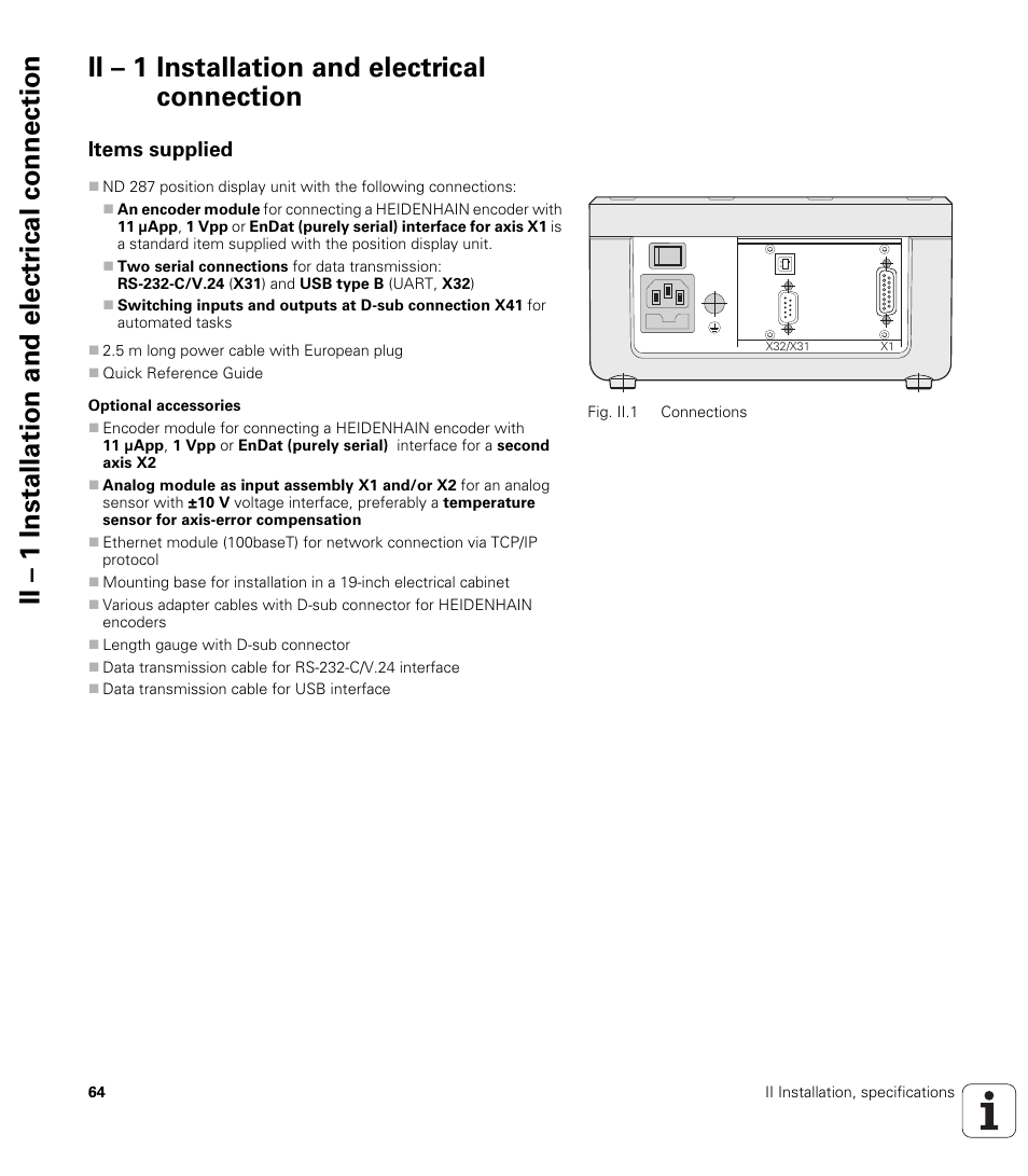 Ii – 1 installation and electrical connection, Items supplied, Optional accessories | HEIDENHAIN ND 287 User Manual User Manual | Page 64 / 147